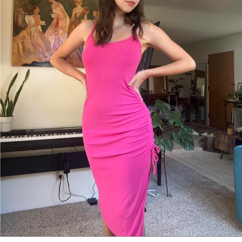 Anrabess hot pink ribbed midi dress spaghetti straps M new